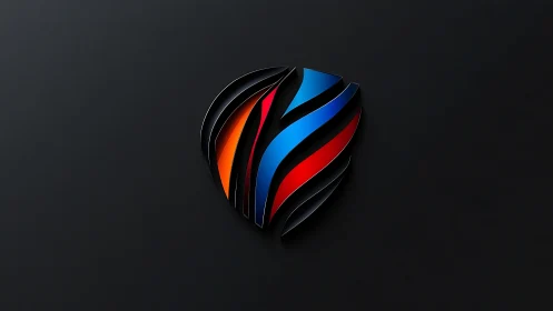 Abstract shield logo with vibrant stripes on dark background.