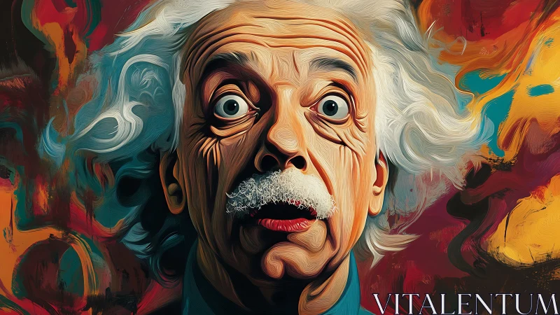 Whimsical wild-haired thinker in a swirl of bold color.