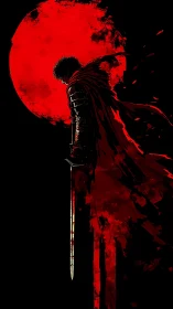 Crimson moon crowns a lone swordsman drowning in shadow