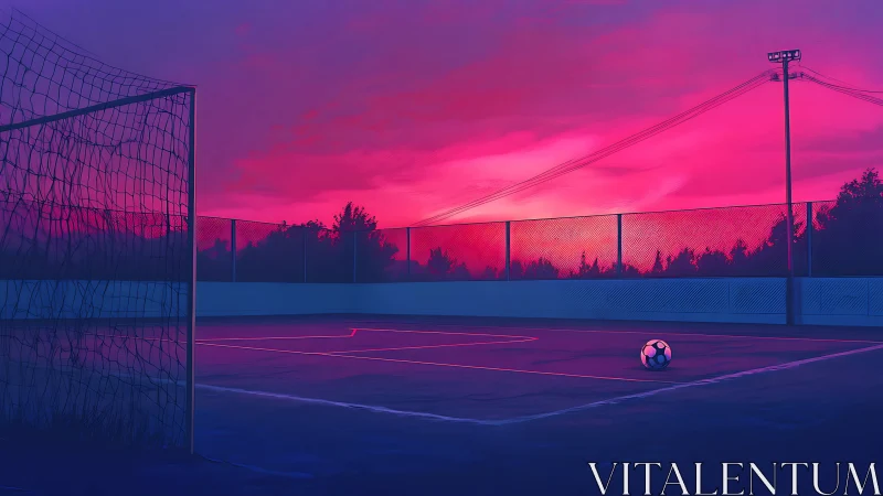 Outdoor futsal court with soccer ball at dusk under netted fence.