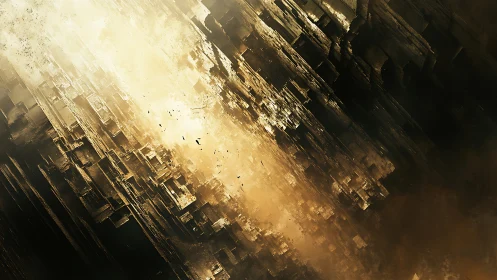 Sunlit ruins drift in a golden storm of dust and shadow