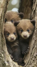Curious bear cub trio peeking shyly from a cozy tree hollow.