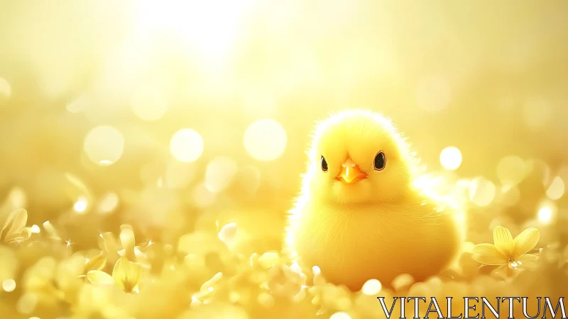 Fluffy yellow chick in glowing golden light field.