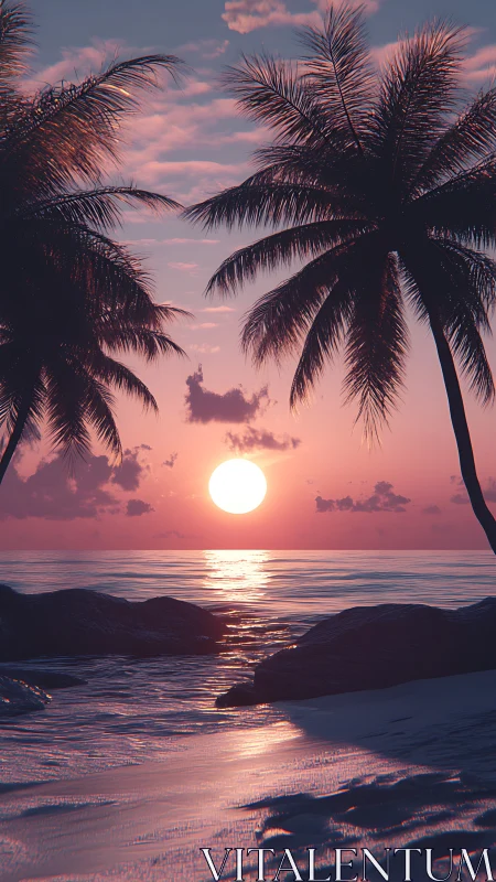 Digitally rendered tropical shoreline with sunset in frame