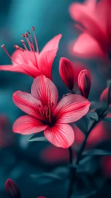 Pink Flowers with Extended Stamens Against Teal Background