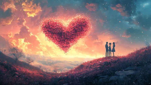 Silhouetted Figures Observing Luminous Heart Formation in Landscape.