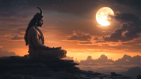 Meditating figure sits on rocky ledge under bright full moon