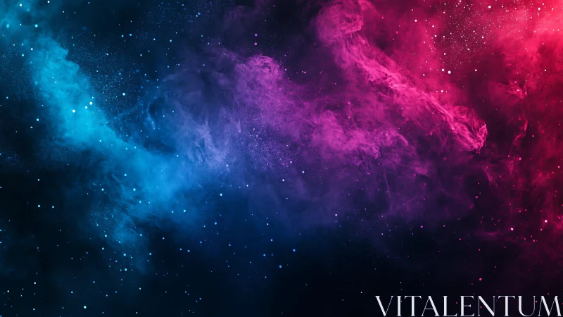 Cosmic nebula glows in vibrant magenta and cyan clouds.