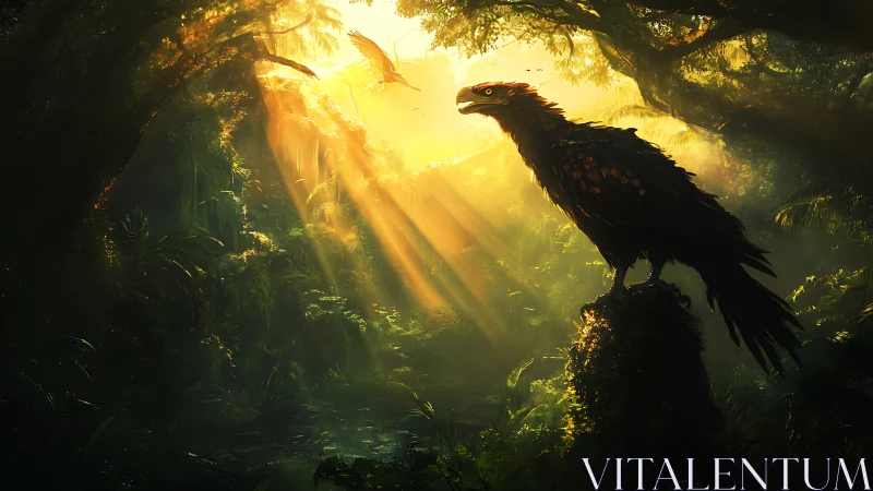 Giant black bird perched in glowing jungle sunlight.