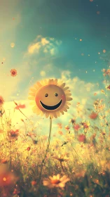 Smiling sunflower face glows in dreamy golden meadow light.
