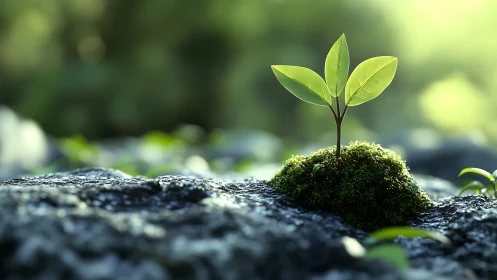 Young plant sprout growing from moss in soft sunlight, nature style.