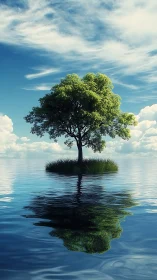 Solitary green tree rests calmly on a tiny reflective island