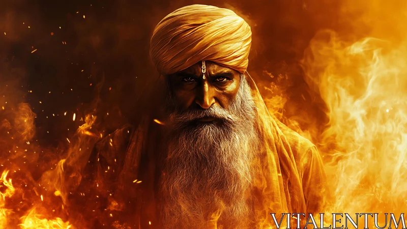 Elder warrior in burning saffron light confronts flames