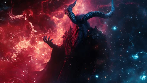 Horned cosmic figure in red blue nebula environment.