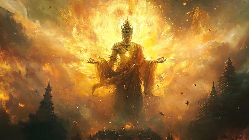 Radiant celestial deity ascends amid blazing golden clouds.
