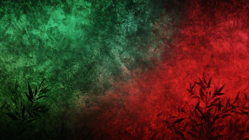 Textured green red gradient backdrop frames silhouetted leaves