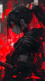 Cyber-noir ronin in red backlight renders high tension