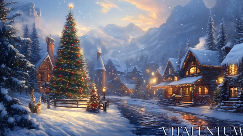 Snowy alpine village with glowing Christmas tree at dusk.
