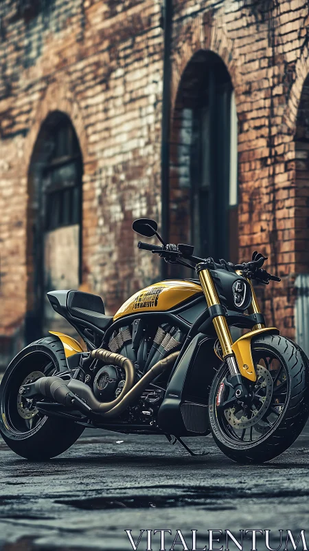 Custom yellow street motorcycle stands against distressed brick wall