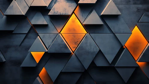 Geometric wall with glowing orange triangular light panels.