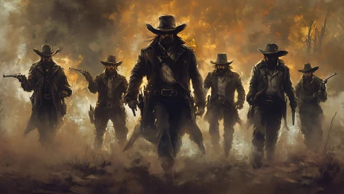 Outlaw gunslingers advance through blazing desert haze