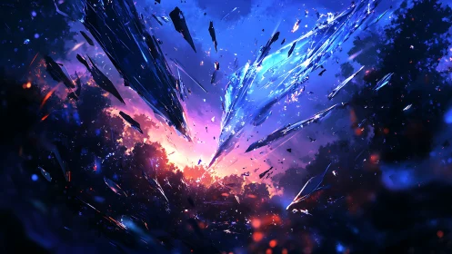 Shattered crystalline meteor breaks atmosphere over dense forest canopy