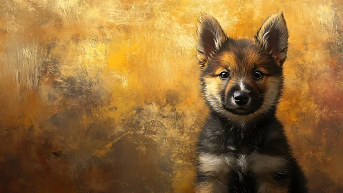 Digital portrait of young dog against textured gold wall.
