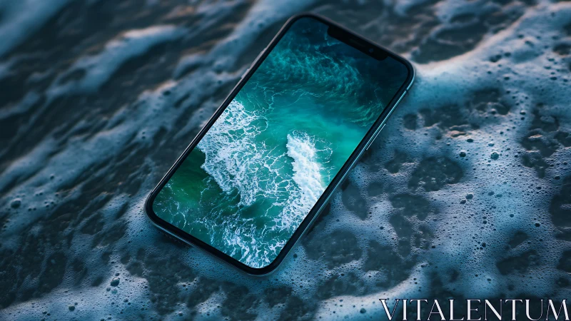 Smartphone with ocean screen immersed in foamy seawater