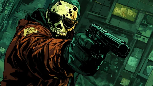 Skull-faced gunman in neon alleys of a lawless nightscape.