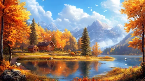 Autumn lakeside cabin with alpine mountains, digital landscape painting.
