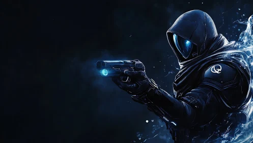 Hooded cybernetic assassin aiming pistol in neon void.