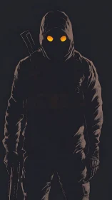 Hooded armed silhouette with glowing eyes rendered in low key contrast