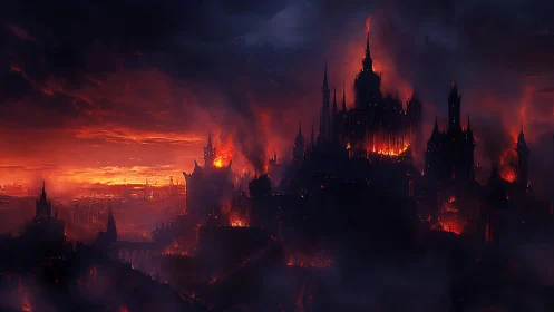 Medieval city engulfed in catastrophic inferno with silhouetted spires ablaze.
