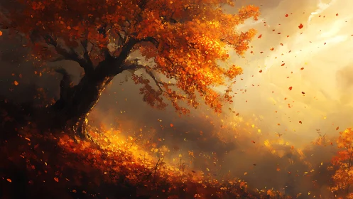 Autumn tree on hillside with glowing light and falling leaves.
