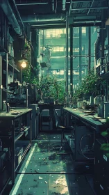 Industrial laboratory interior shows overgrown plant presence