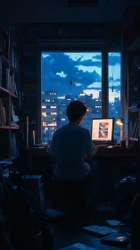 Backlit workstation overlooks blue-hour skyline in high contrast
