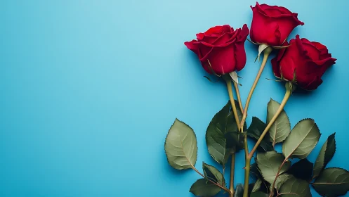 Three Red Roses Against Blue Background.