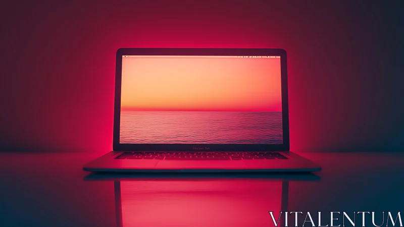 Open laptop with ocean horizon display on reflective desk.