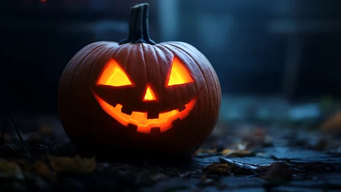 Glowing jack-o-lantern rendered with dramatic low key lighting