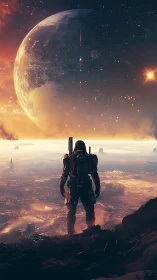 Lone astronaut overlooking alien city beneath vast planet.