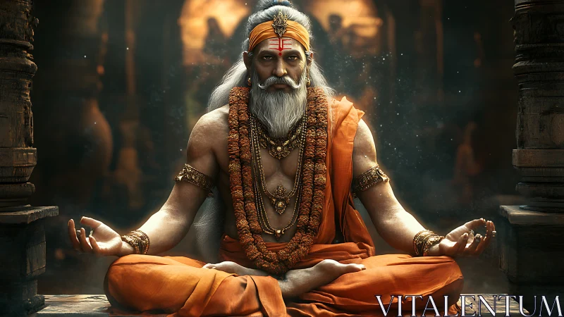 Meditating sage sits in golden temple light, radiating power.