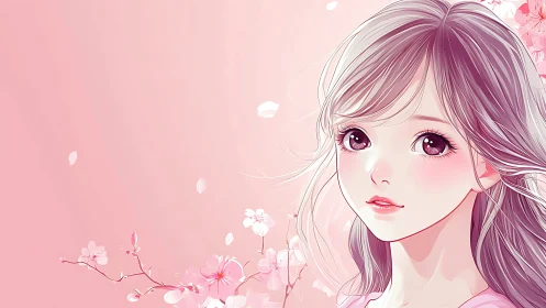Anime girl portrait with soft pink cherry blossoms background.