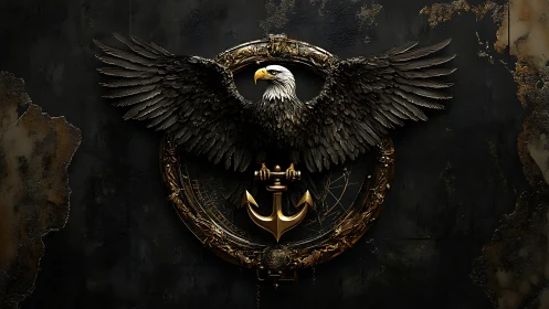 Metallic eagle emblem with anchor over corroded textured wall