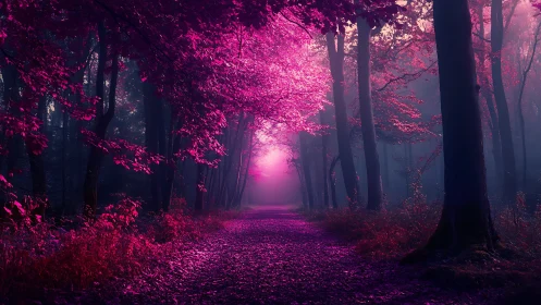 Magenta Forest Path Through Luminous Trees