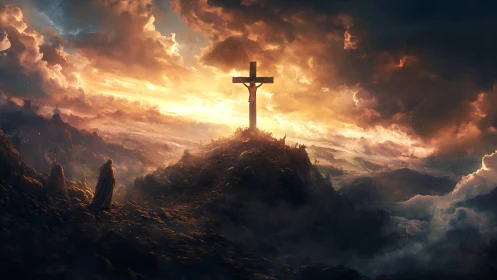 Cruciform silhouette on storm-lit ridge under radiant sky.