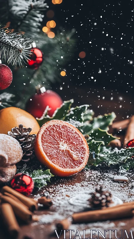 Citrus slice anchors festive still life under falling snow