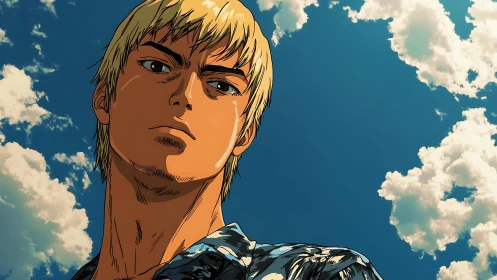 Blond male figure in low angle view against clouded sky.