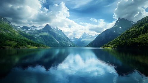 Photorealistic alpine fjord panorama with reflective symmetry.