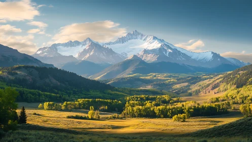 Snow-covered mountain range above sunlit forest valley.