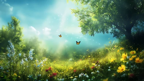 Sunlit wildflower meadow with butterflies in soft bloom.